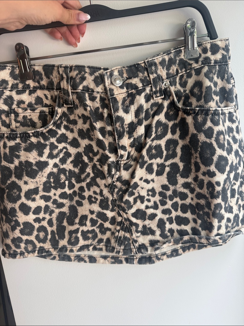 Bershka Leopard Print Denim Mini Skirt - Black & Cream